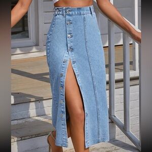 SHEIN Denim Medium Wash Button Pencil Midi Skirt